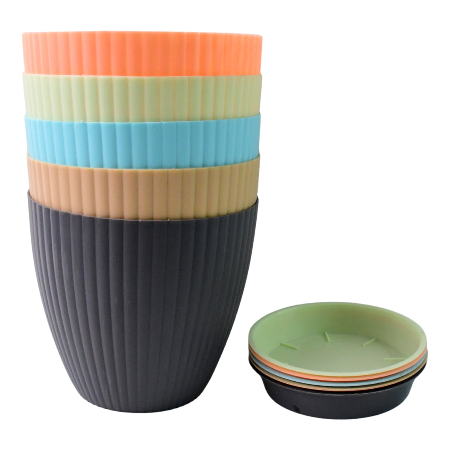 A single round plastic flower pot with a vibrant green plant placed on a sunlit windowsill.