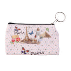 Close-up of a small Paris print zipper coin and stationery pouch