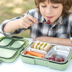 Fresca stainless steel 3 compartment lunch box showing compartments and secure lid