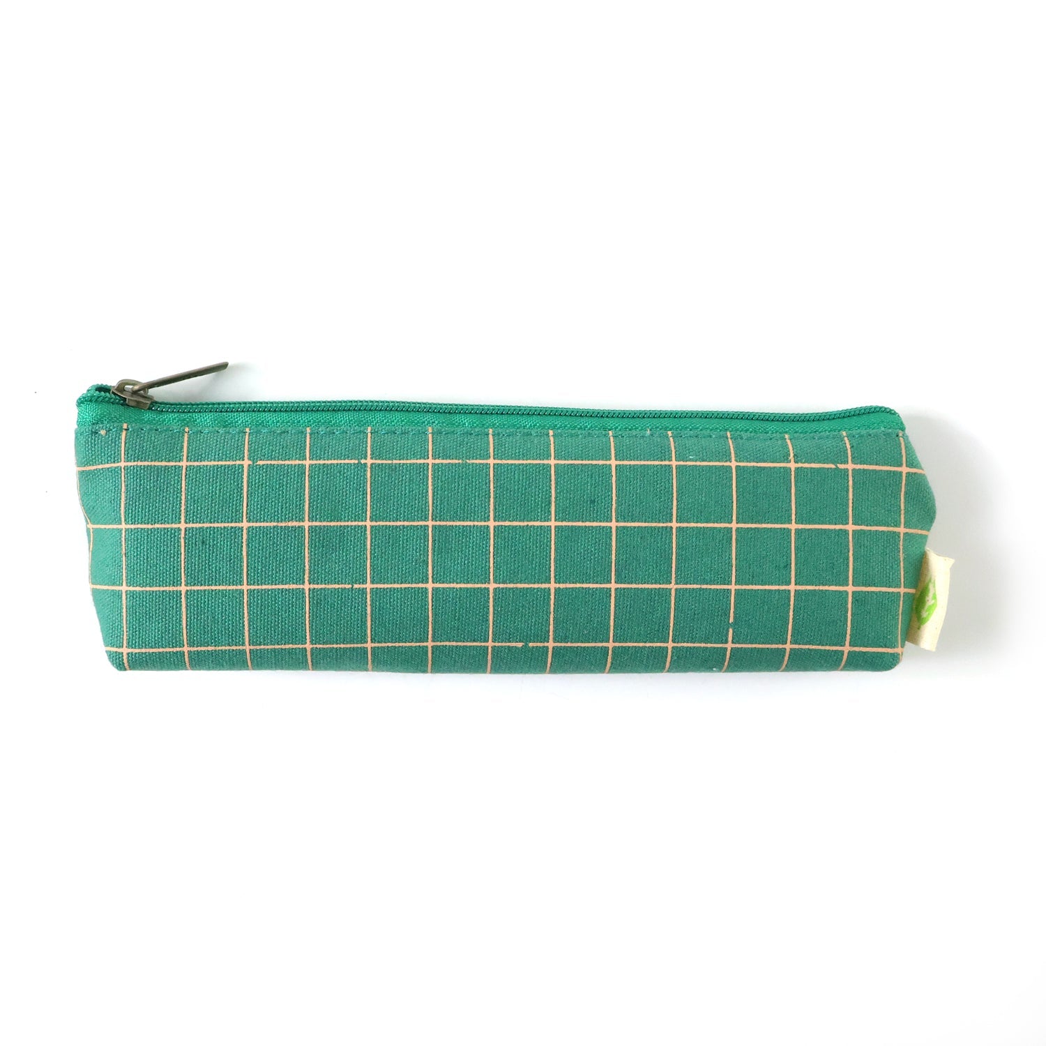 Side profile of the slim green grid pencil pouch.