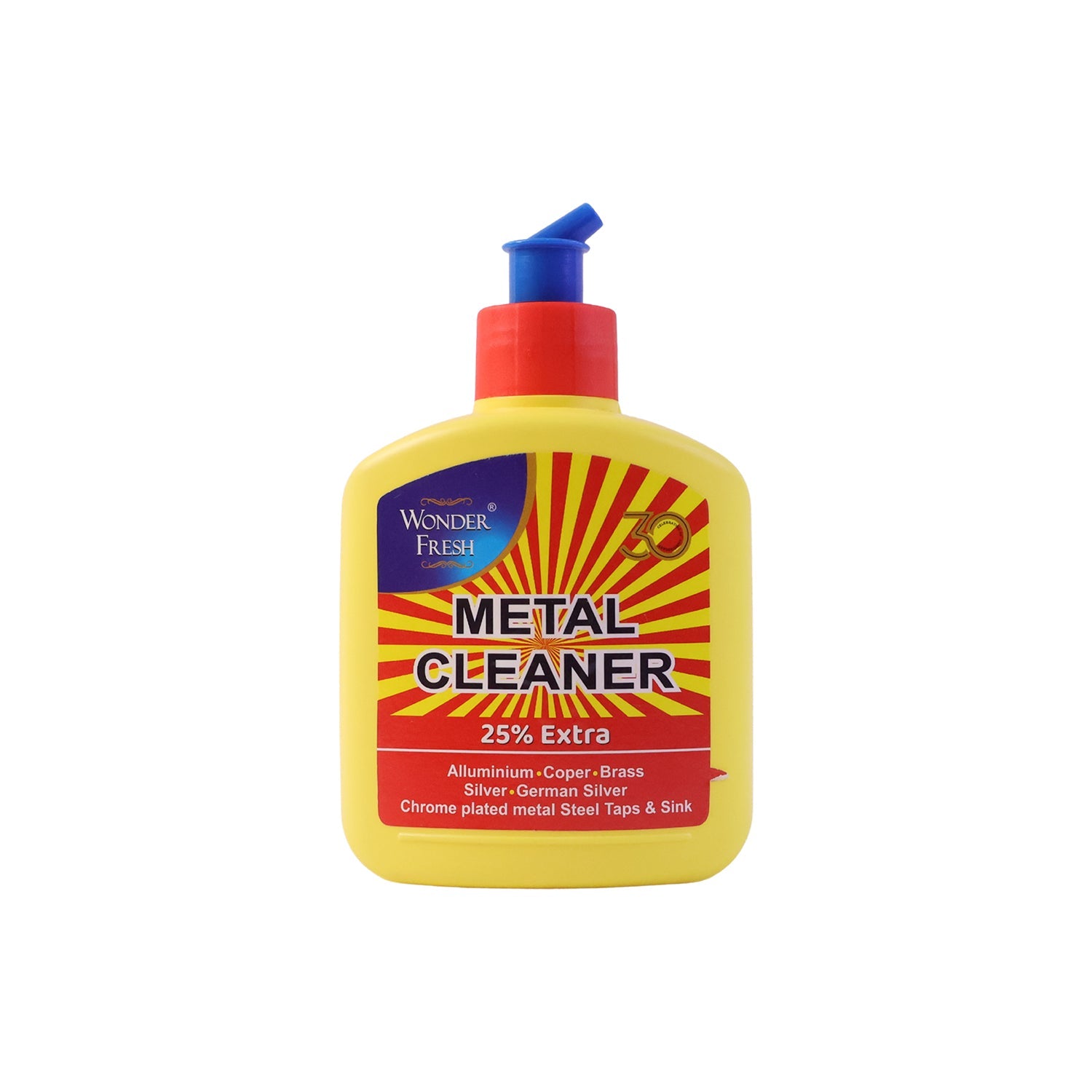 Close-up of a perfectly shiny metal surface after using the Wonder Fresh Metal Cleaner.