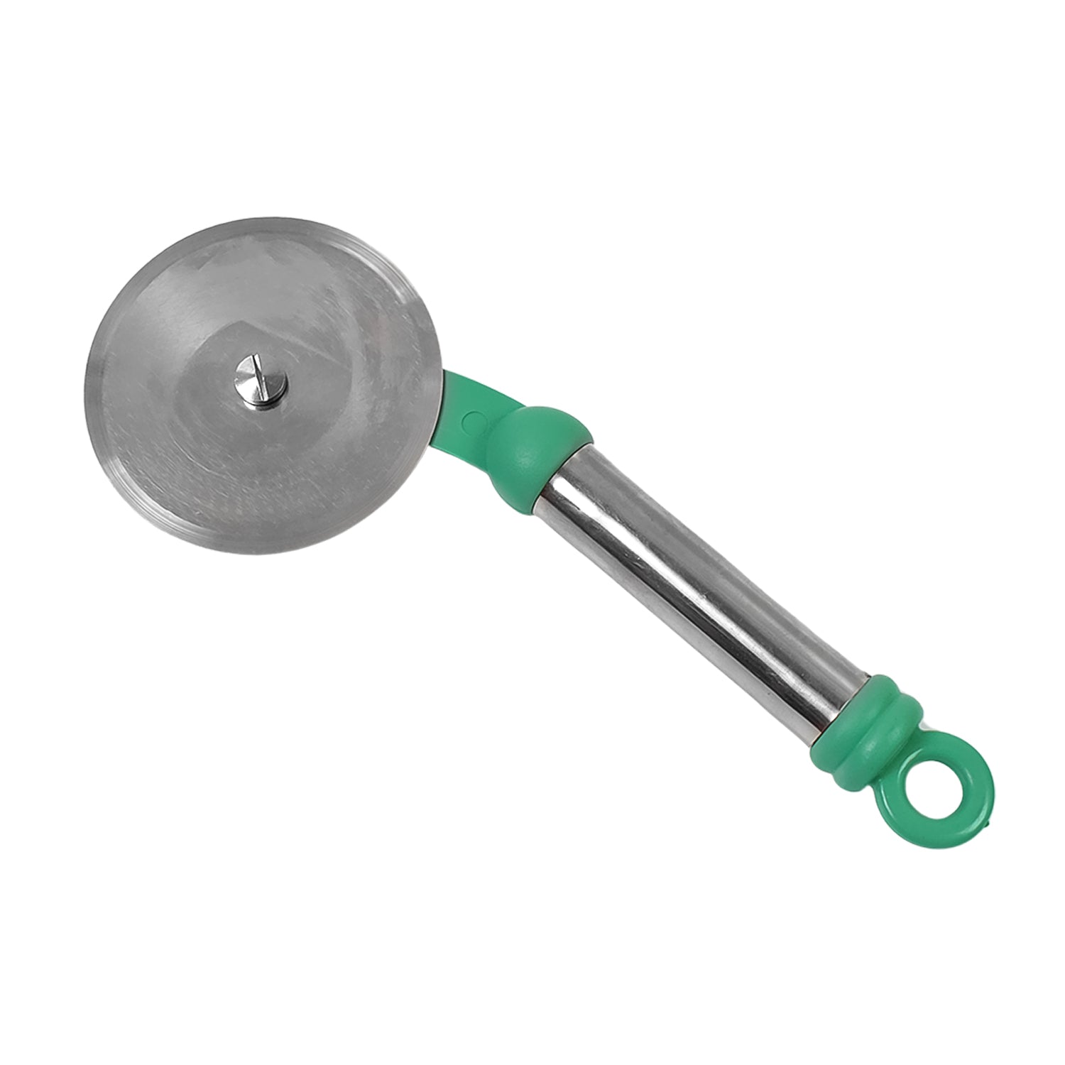 The Quickslice pizza cutter effortlessly slicing through a cheesy pizza, showing clean cuts.