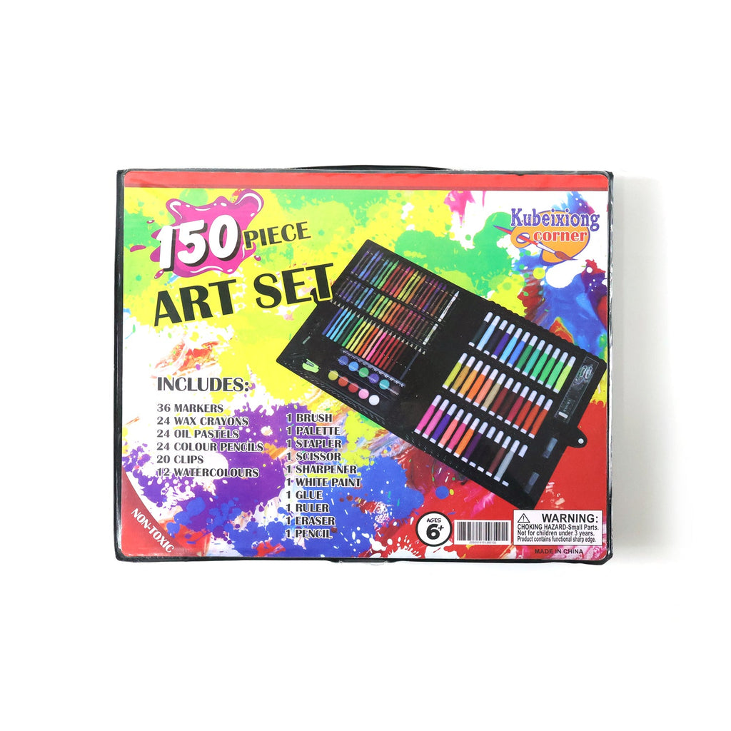 Art set featuring diverse coloring tools including watercolors and oil pastels