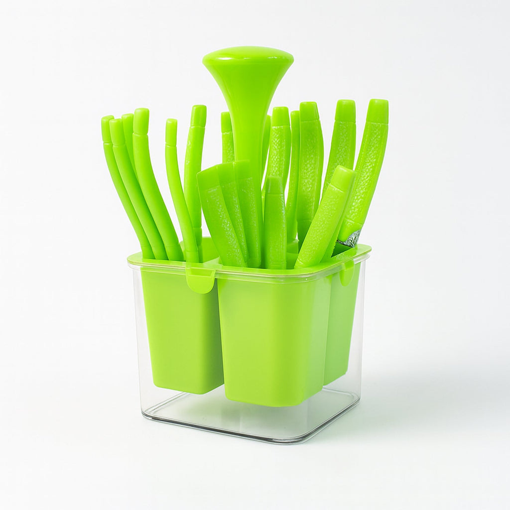 Stylish holder organizing stainless steel cutlery utensils on table