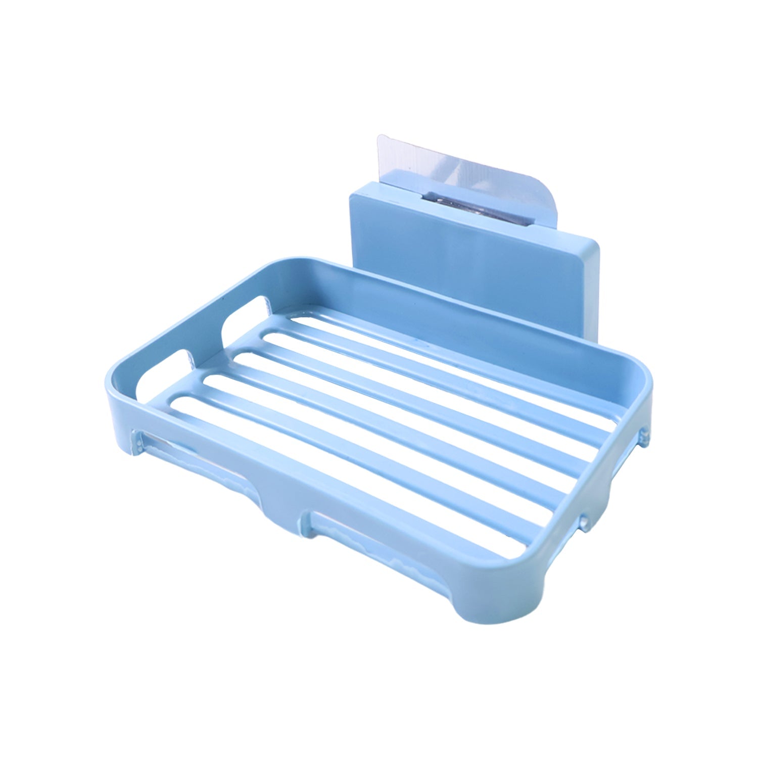 Clear plastic self-adhesive soap holder featuring drainage slots for bathroom use.