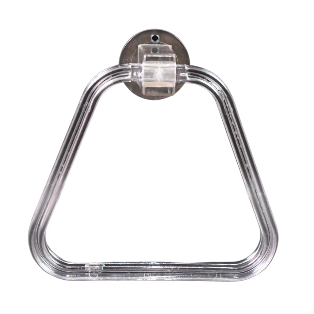Modern bathroom setting featuring the clear square ABS towel ring holding a hand towel.