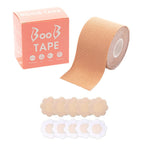 Woman demonstrating application of breast lift tape for natural support.