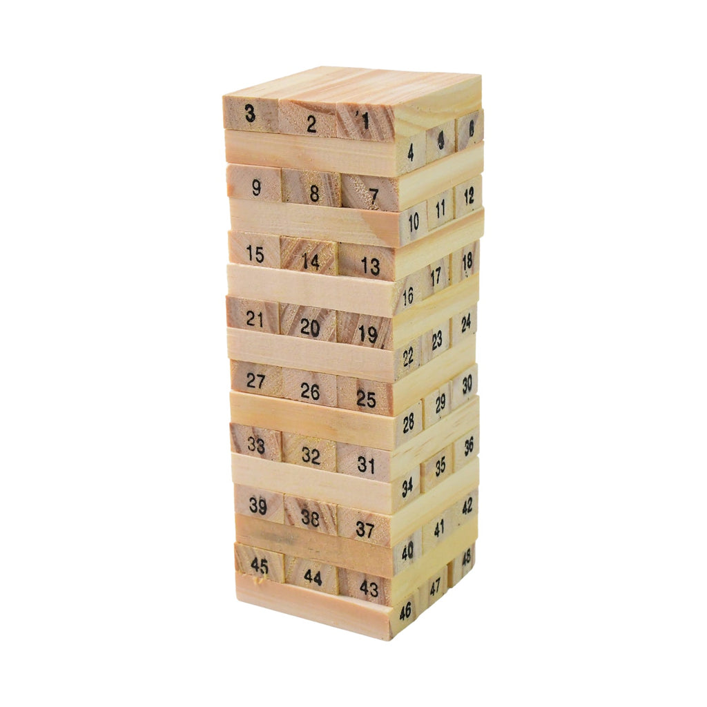 The complete set of 48 smooth wooden blocks and four dice for the classic tumbling tower game.
