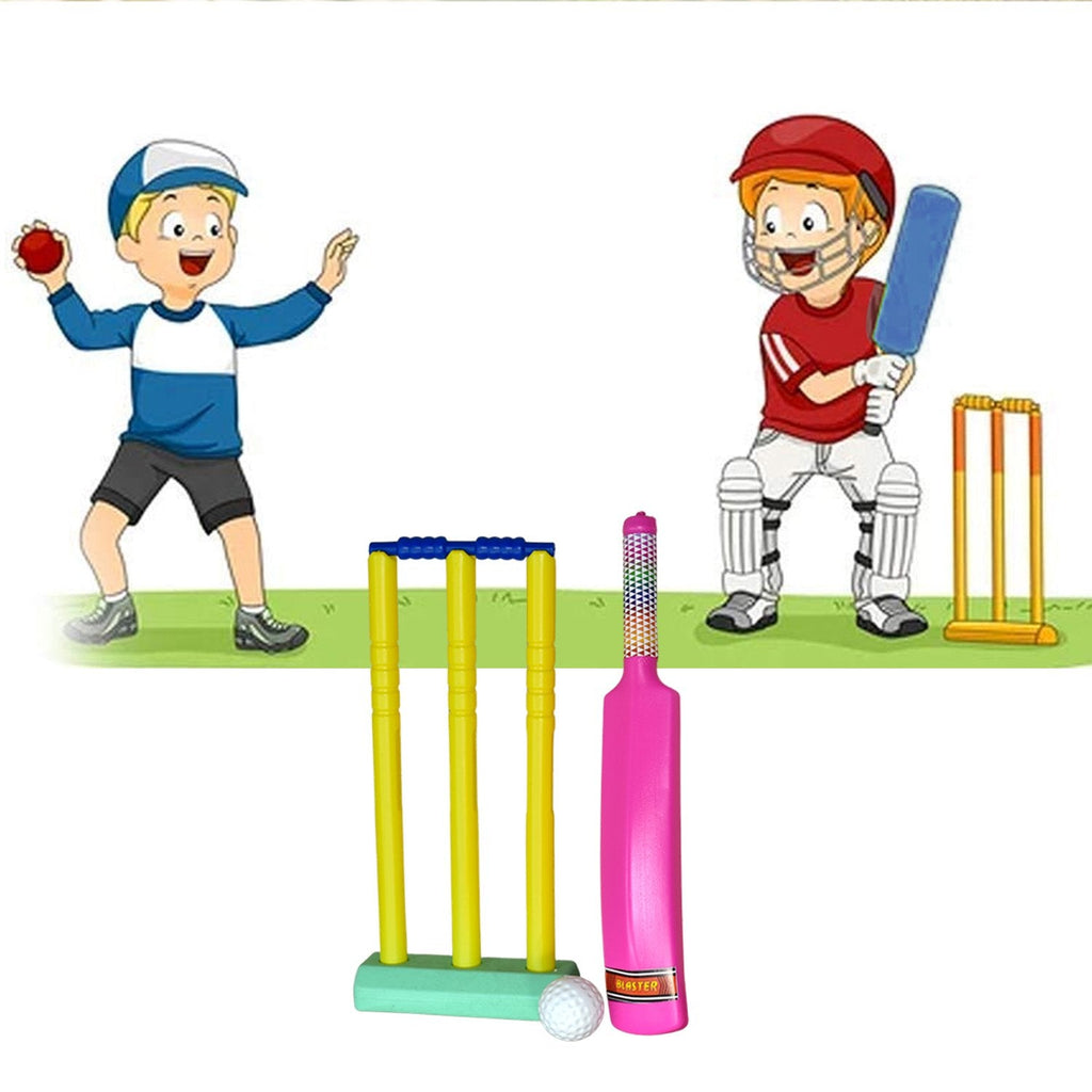 Vibrant plastic Kids Cricket Bat Set with stumps, ready for play.