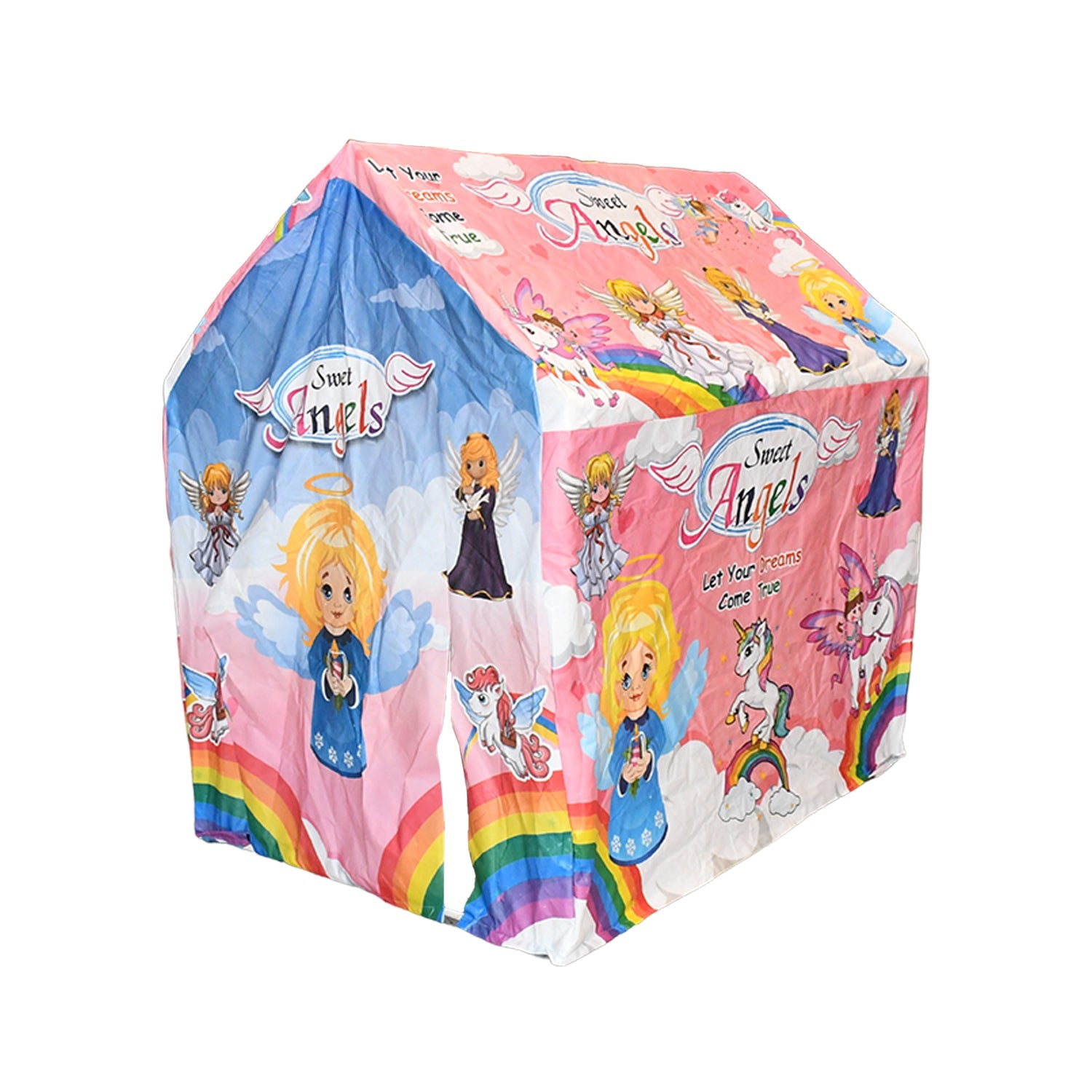 Child happily peeking out from the school-themed play tent house window.