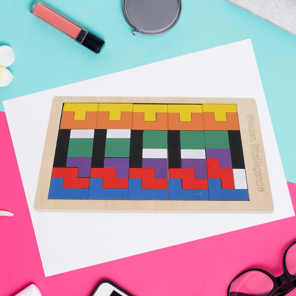 Wooden blocks puzzle packaging and contents, ready for gifting.