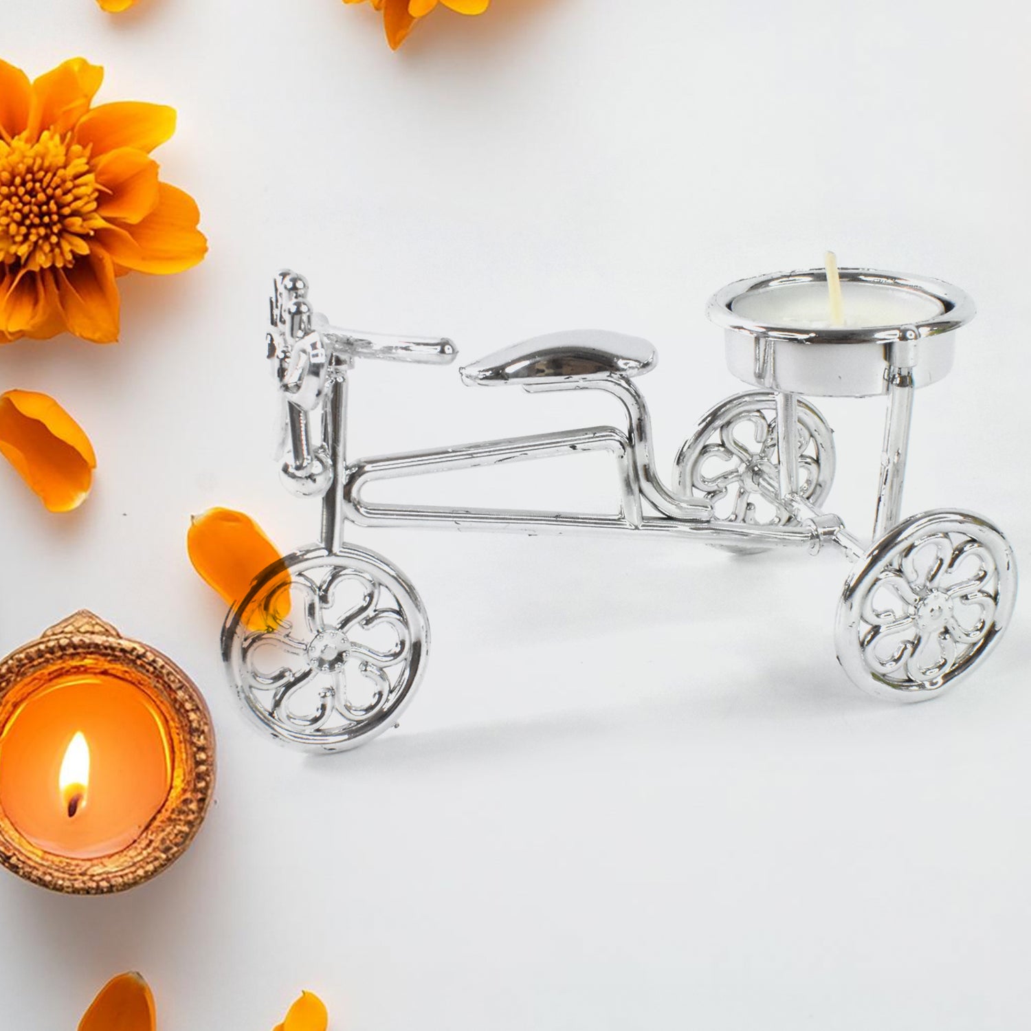 Cycle tealight candle holder side view showing detailed design for festive use