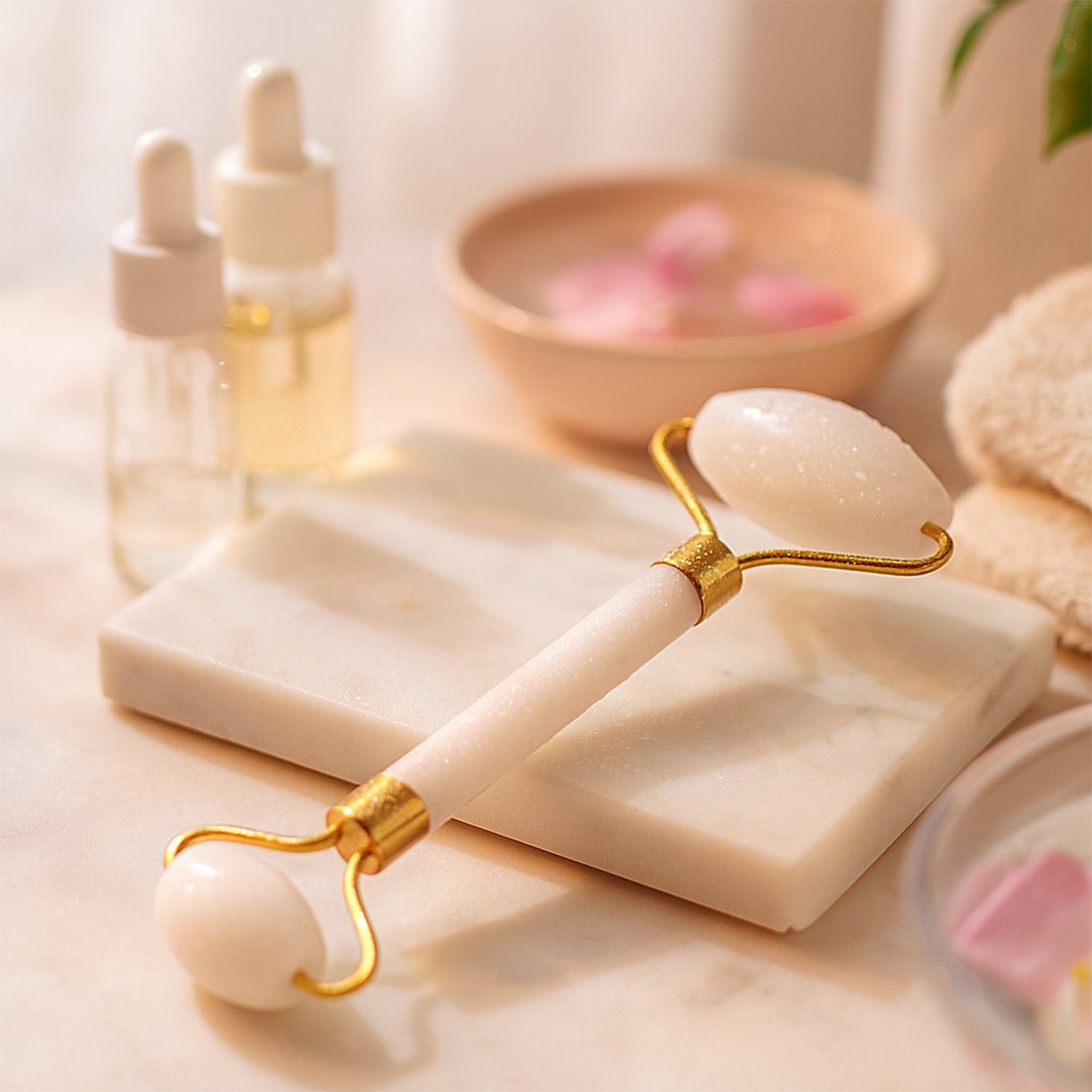 Hand holding the facial massage roller with two stone heads for gentle self-care.