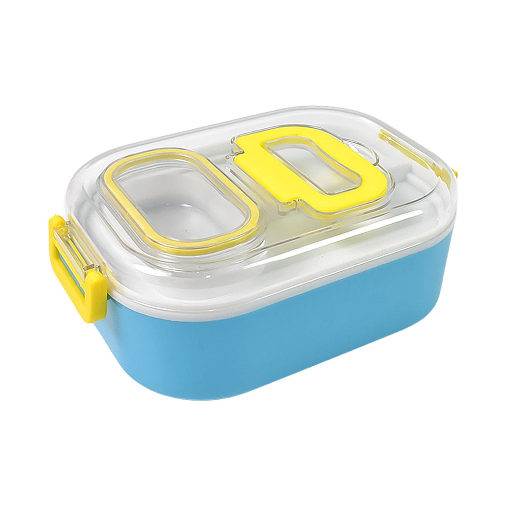 Secure snap closures on the durable plastic lunchbox, keeping food fresh and preventing spills.