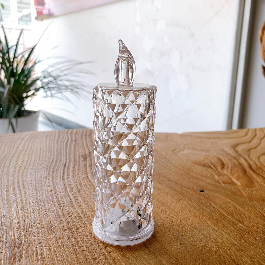 Smokeless LED rose candle in acrylic, showcasing a decorative and safe design.