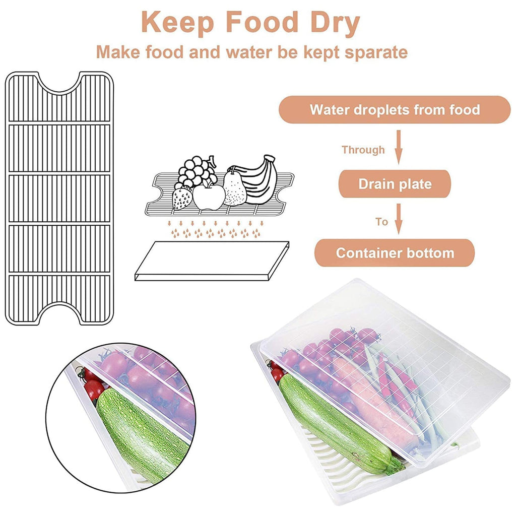 Plastic food container featuring a removable drain tray to maintain freshness