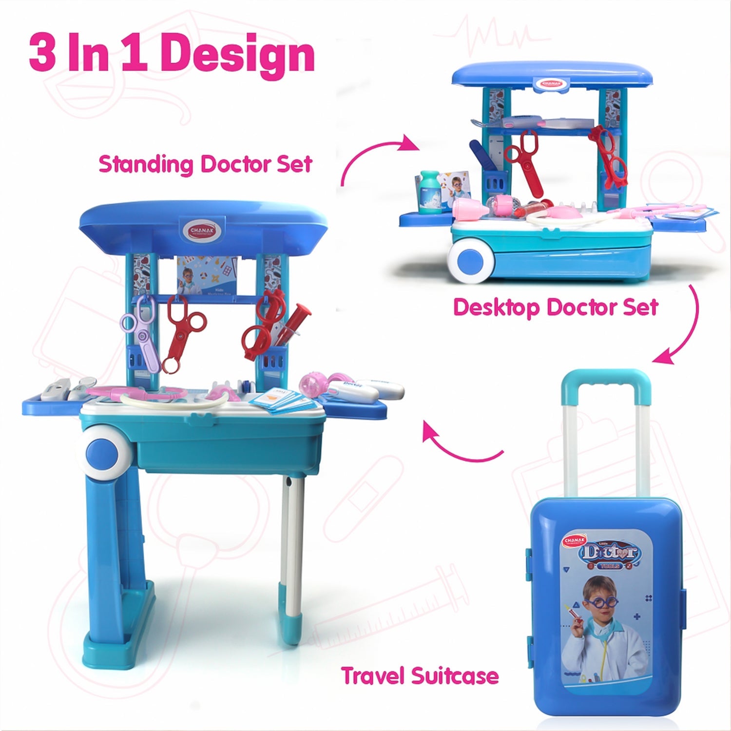 The doctor playset trolley with all medical tools neatly arranged.