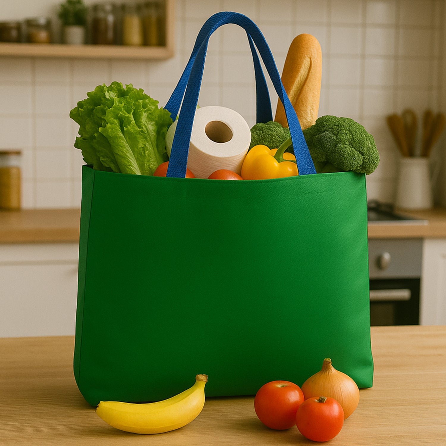 Large eco-friendly shopping tote bag with durable blue shoulder straps