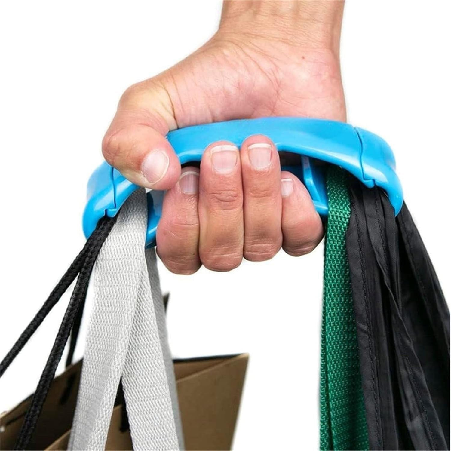 Grocery bag holder demonstrating how to attach multiple plastic bags.