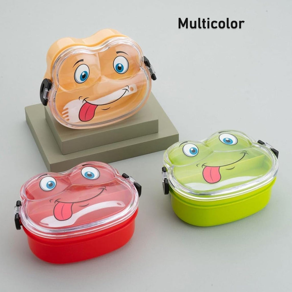 Froggy lunch box for kids, open to reveal two separate food compartments.