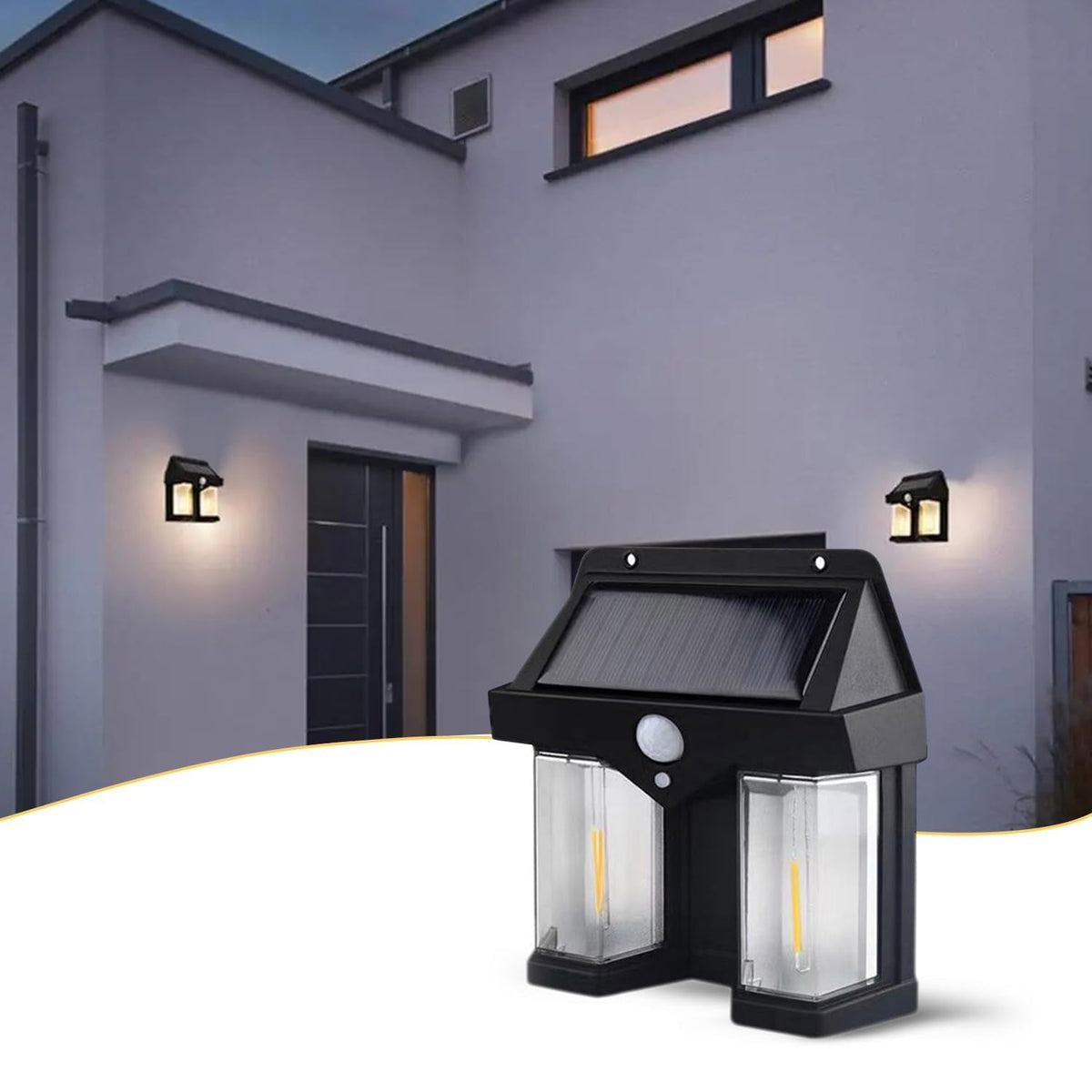 Outdoor Solar Wall Lamp with a sleek design mounted on an exterior wall at dusk.