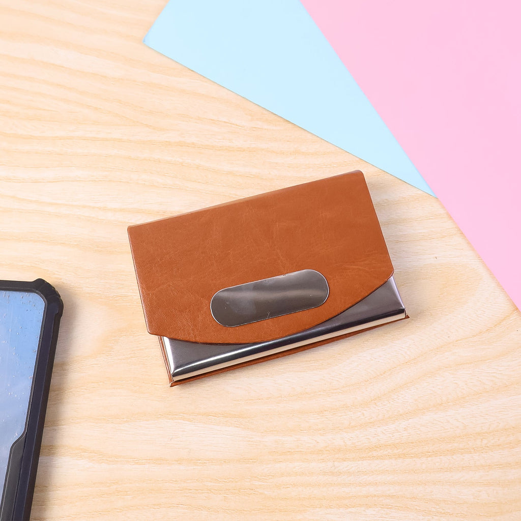 Durable stainless steel base protects cards in premium leather holder