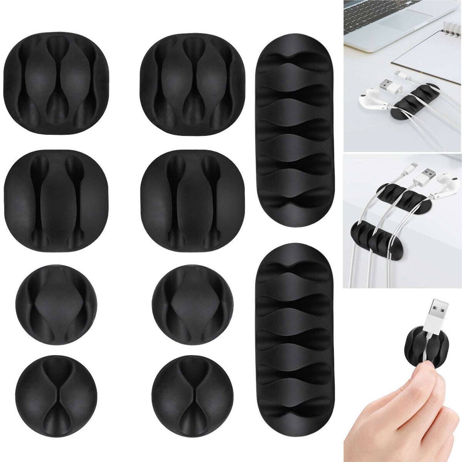 Set of multi-purpose cable organizers in various sizes on a clean white surface.