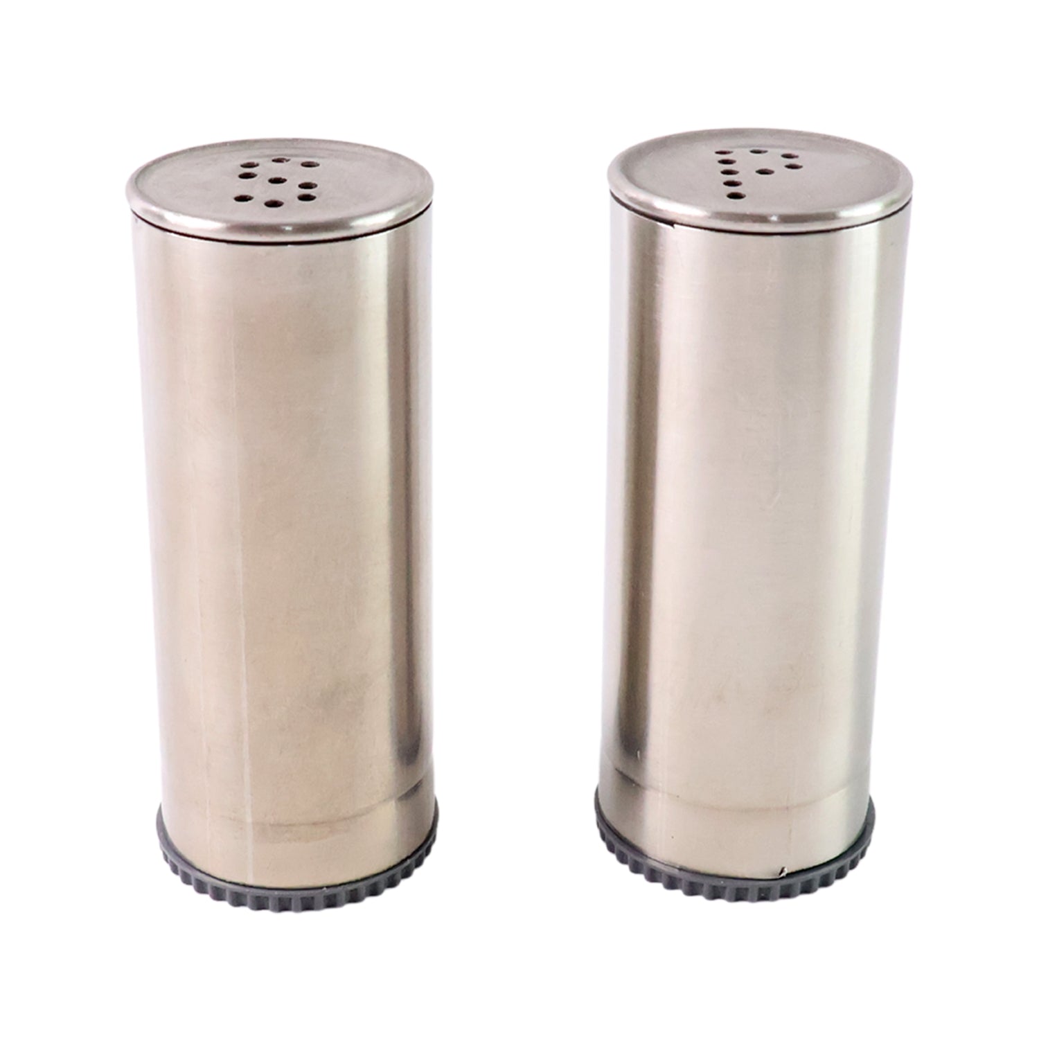 Tabletop featuring a stainless steel salt and pepper shaker duo
