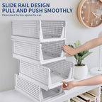 Detailed view of the four plastic drawers, demonstrating the efficient clothes storage solution.
