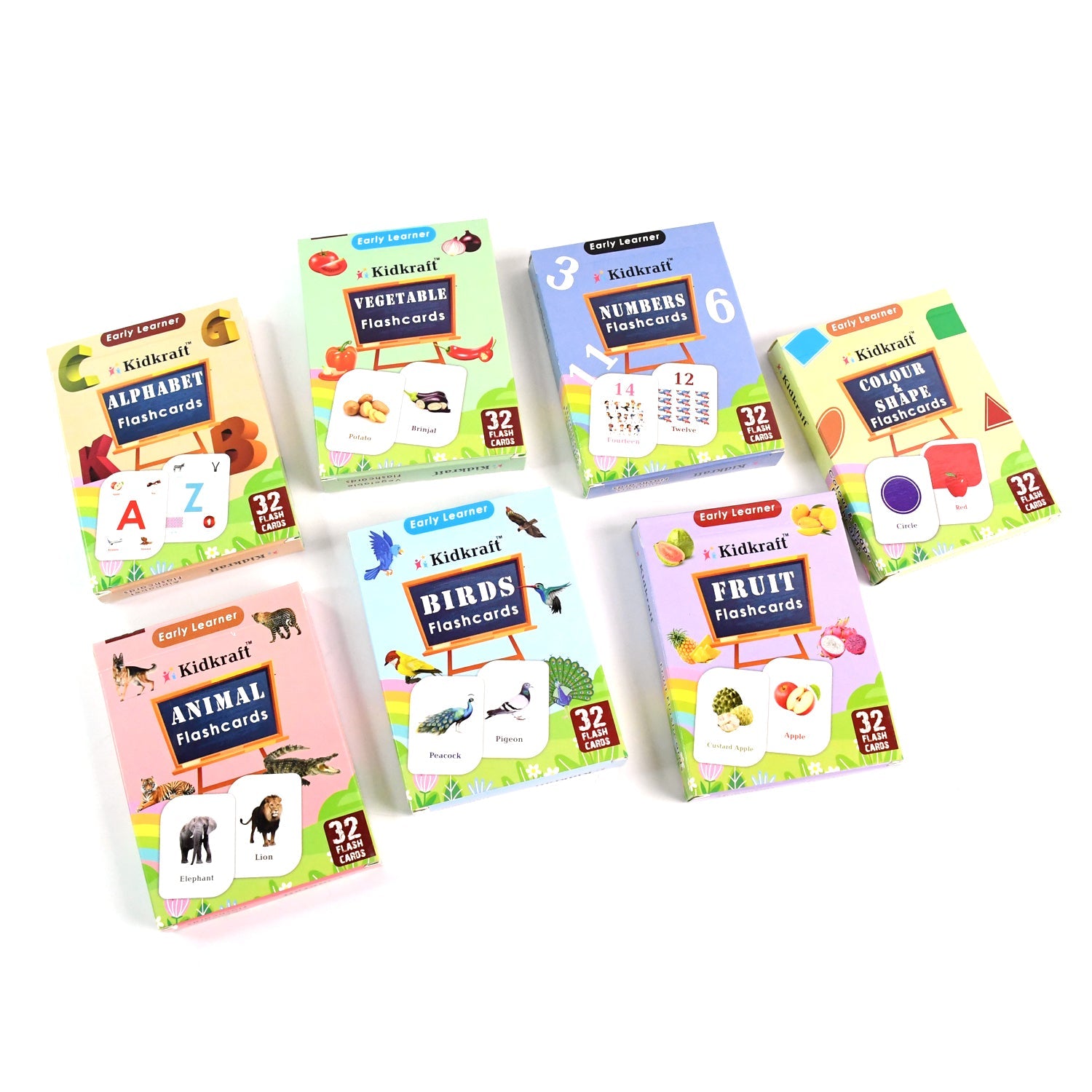 Educational flashcards laid out displaying various learning topics