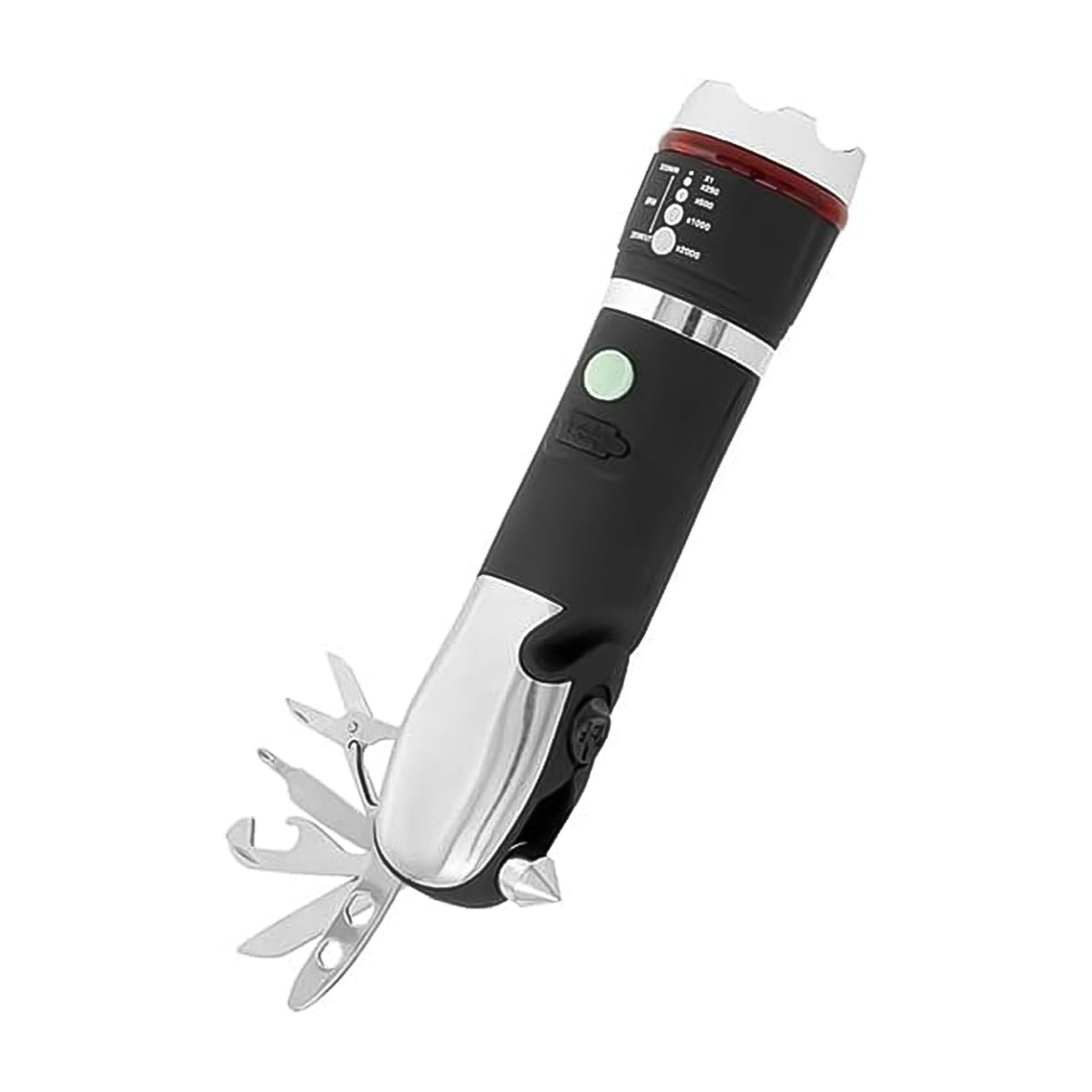 USB rechargeable multi-tool LED flashlight with multiple functions.