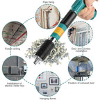 Portable manual steel nail gun displayed with 10 fastening nails on a sturdy wooden surface.