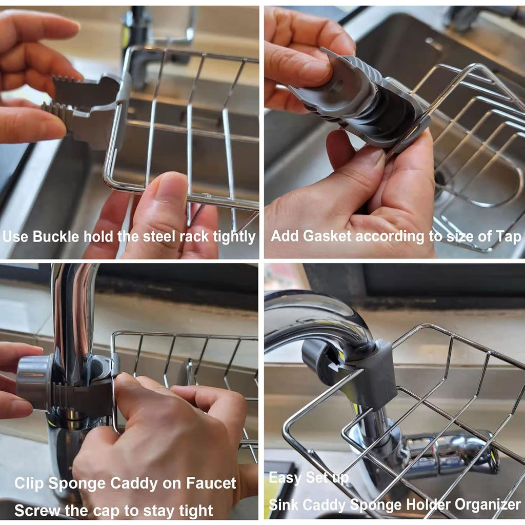 Kitchen faucet featuring attached stainless steel sink caddy organizer