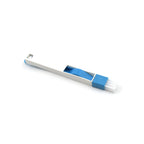 The compact cleaning brush efficiently removing dust and dirt from a window groove.