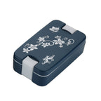 Blue 2-compartment airtight lunch box with a decorative flower design.