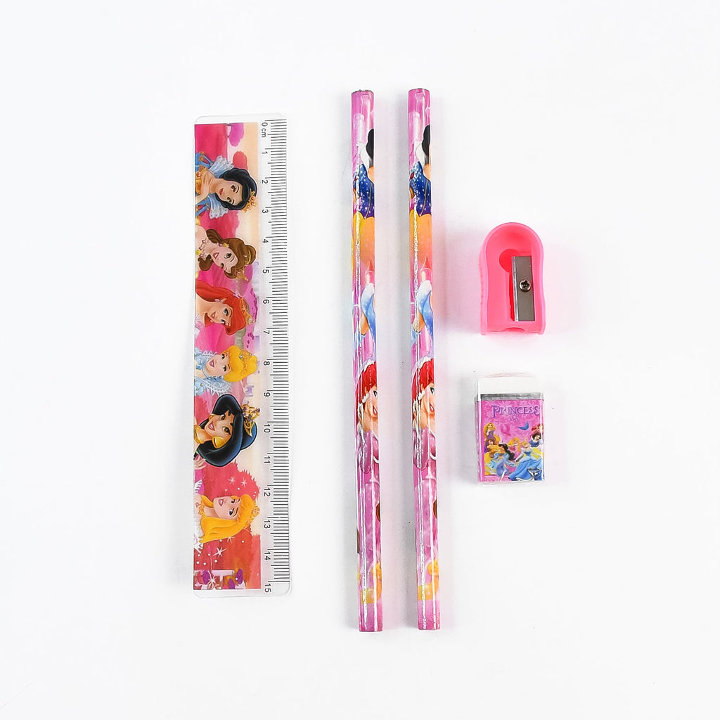 The full 5-piece cartoon stationery set neatly arranged on a white surface.