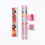 The full 5-piece cartoon stationery set neatly arranged on a white surface.