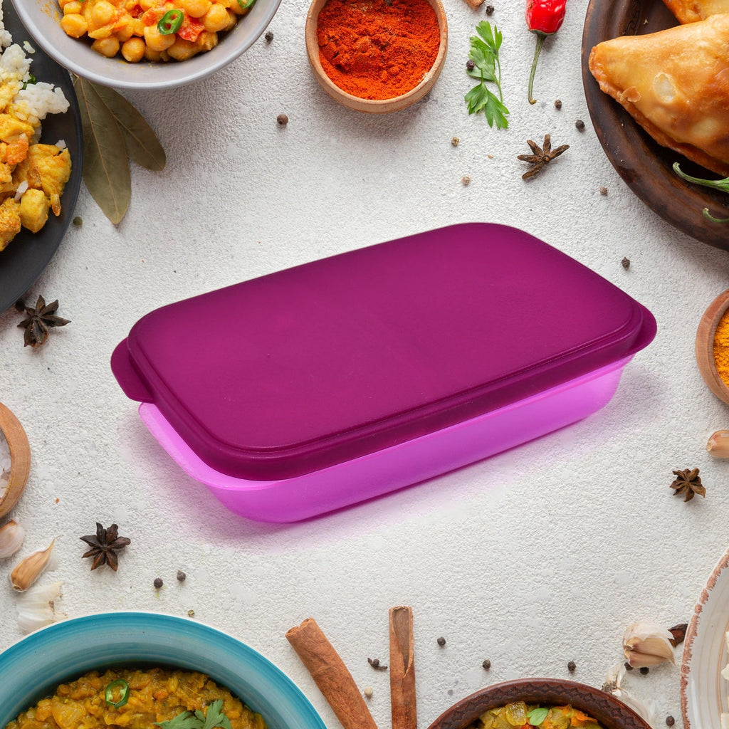 Leak-proof plastic lunch box in blue, ideal for office meals.