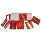 Detailed view of the sharp stainless steel blades included with the vegetable slicer.