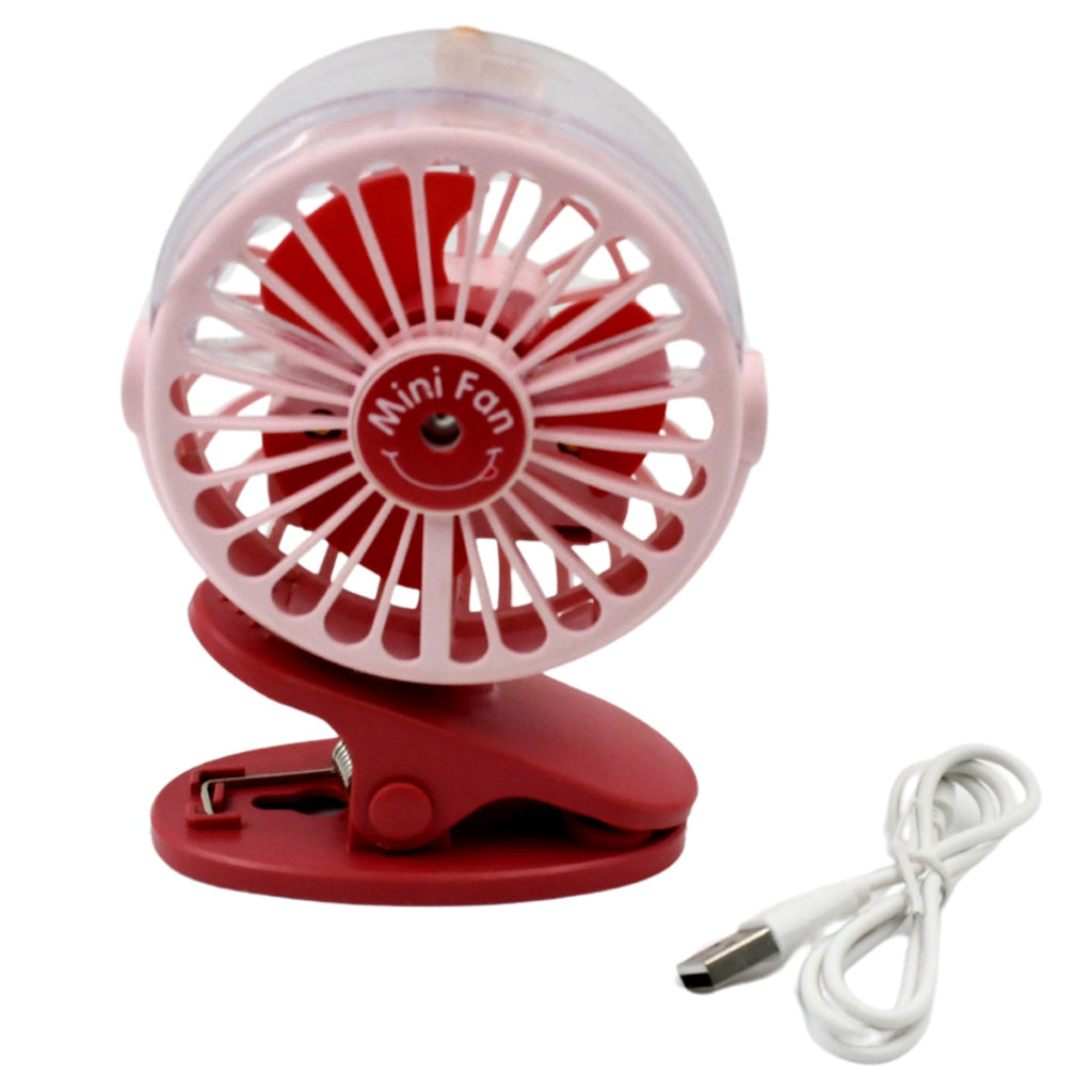 The compact  clip-on fan with its refreshing spray mist feature activated.