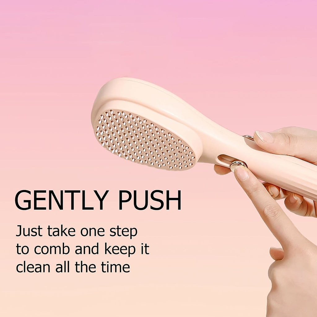 Hand pressing button to activate self-cleaning feature of detangling hairbrush