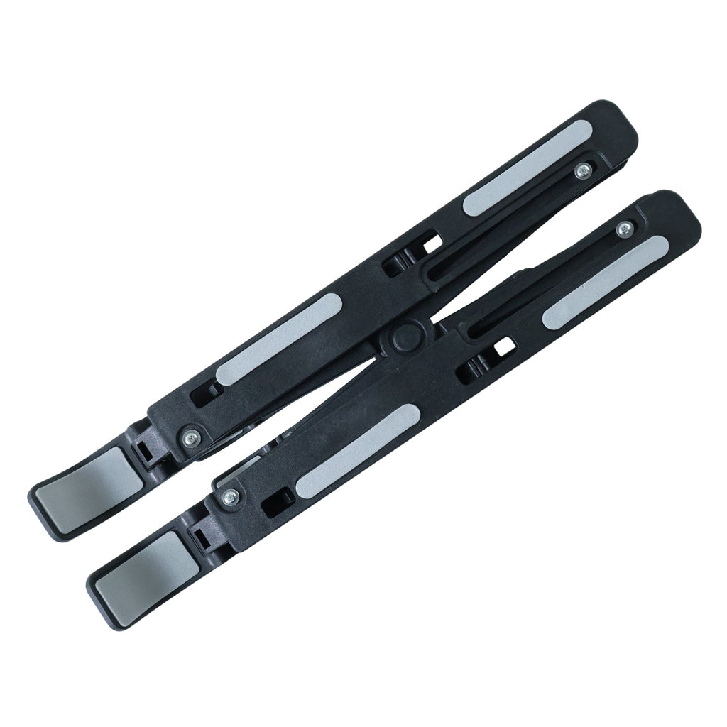 The compact and foldable tablet stand shown in its collapsed state for easy storage and travel.