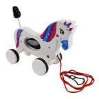 Frontal view of the colorful detailed Unicorn pull along toy for babies and toddlers