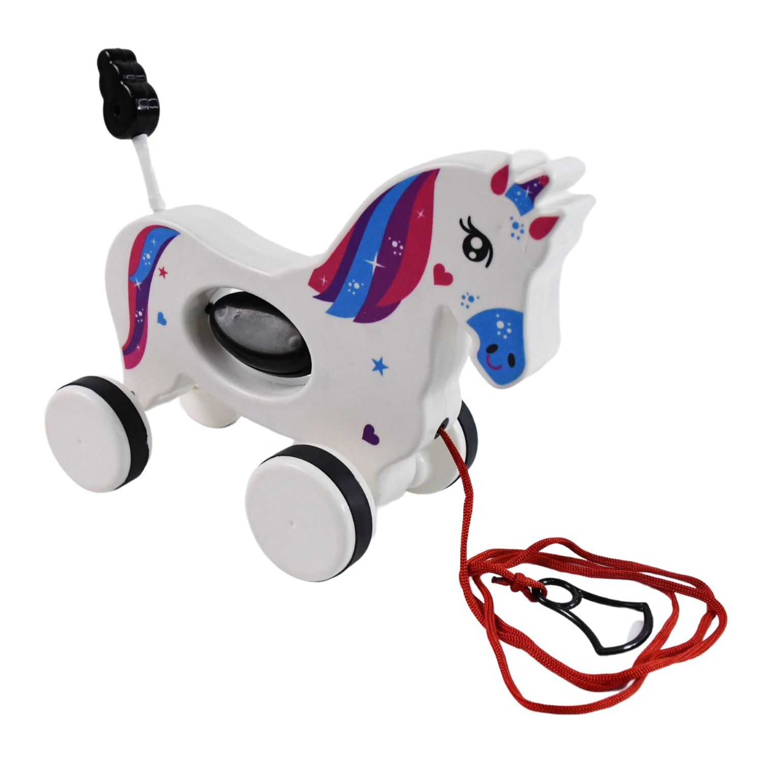 Frontal view of the colorful detailed Unicorn pull along toy for babies and toddlers