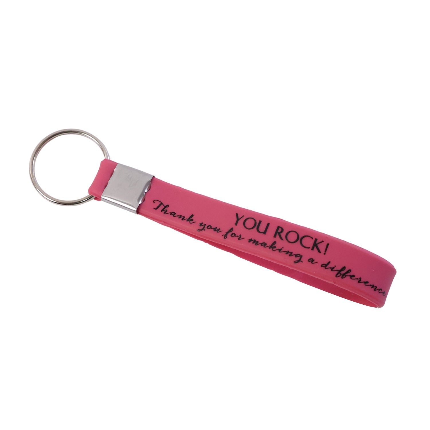 Flexible silicone wrist strap keychain hanging on a hook