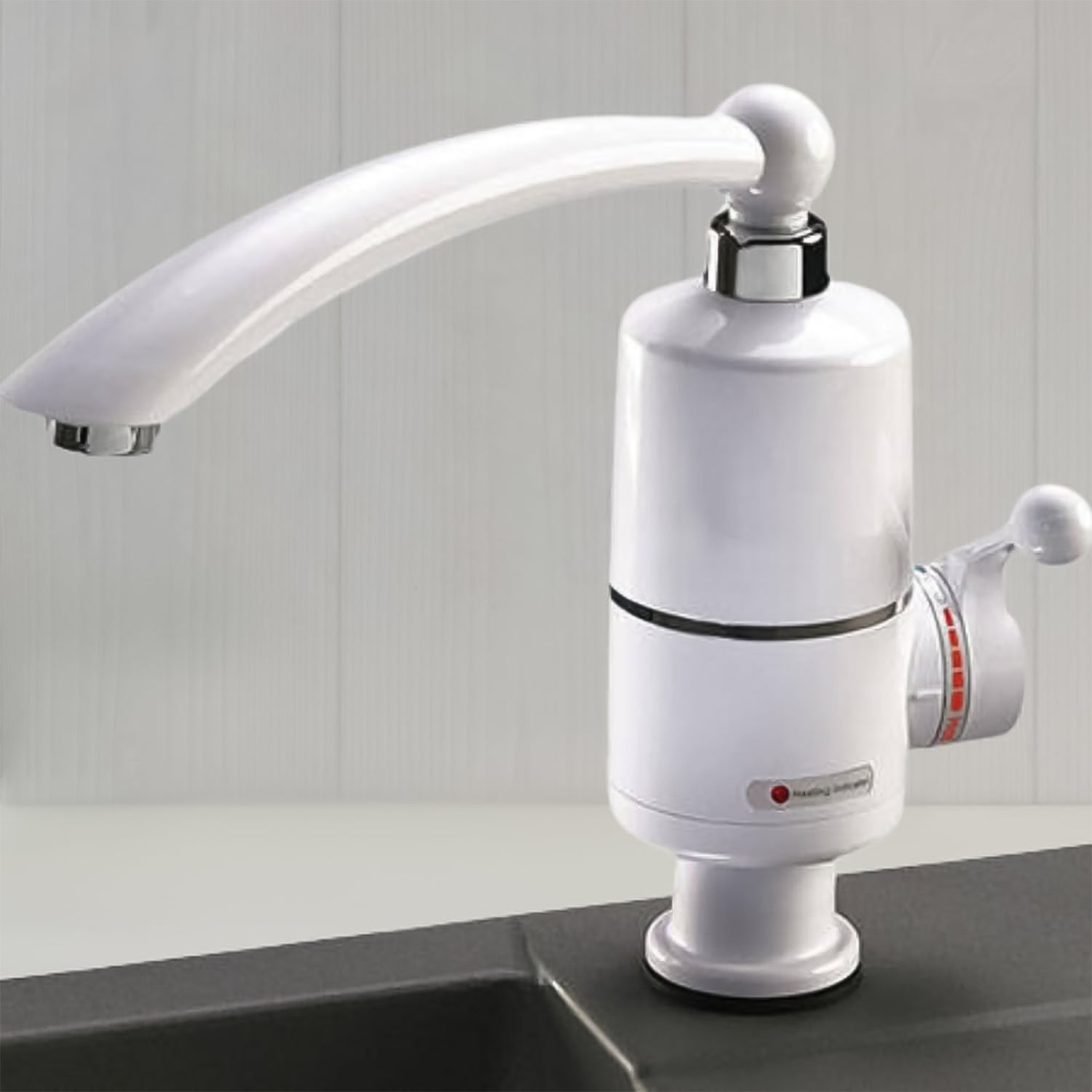 Electric water heater faucet detailed image showcasing material finish