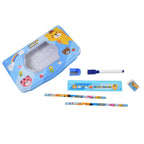 Front view of the colorful metal compass pencil box, perfect for Indian school kids.
