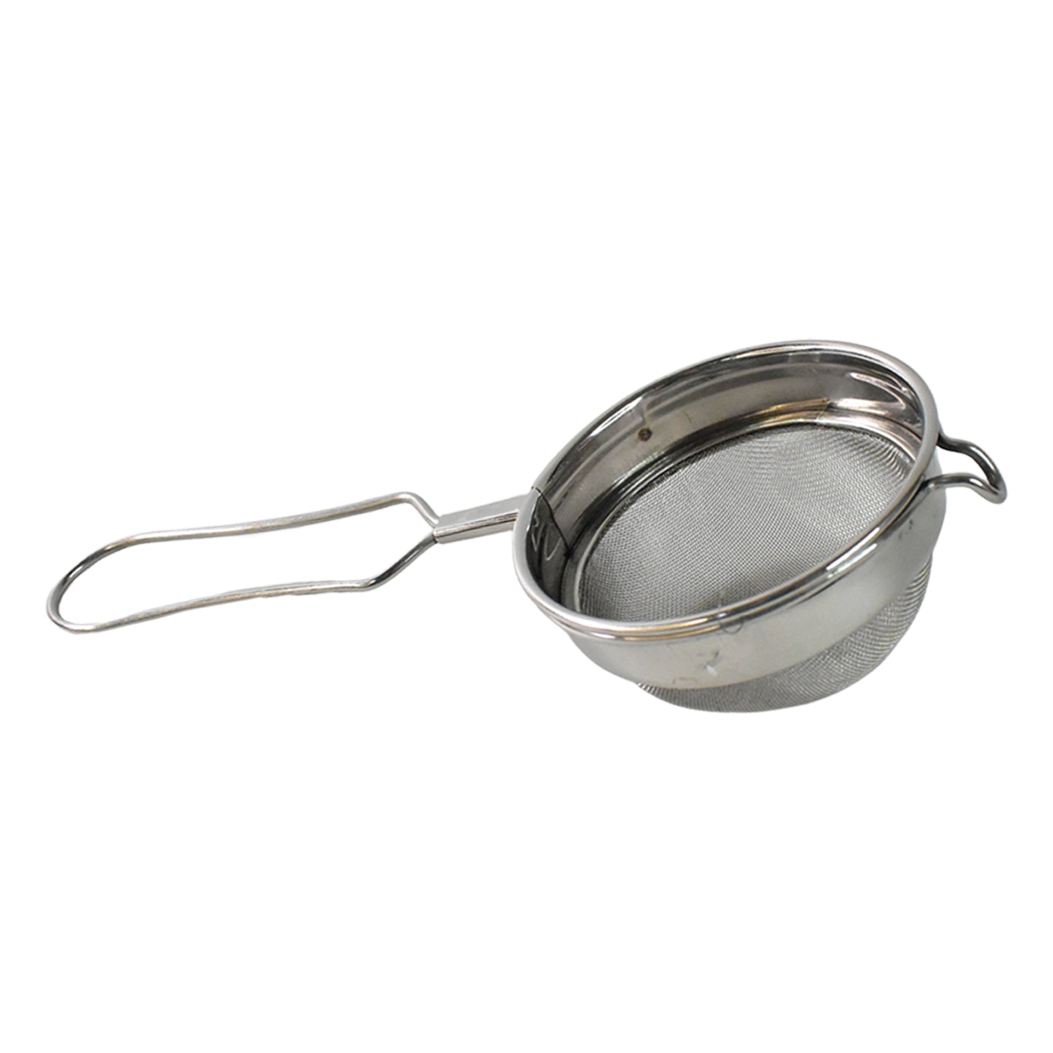 Angled view of stainless steel tea and coffee strainer with fine mesh