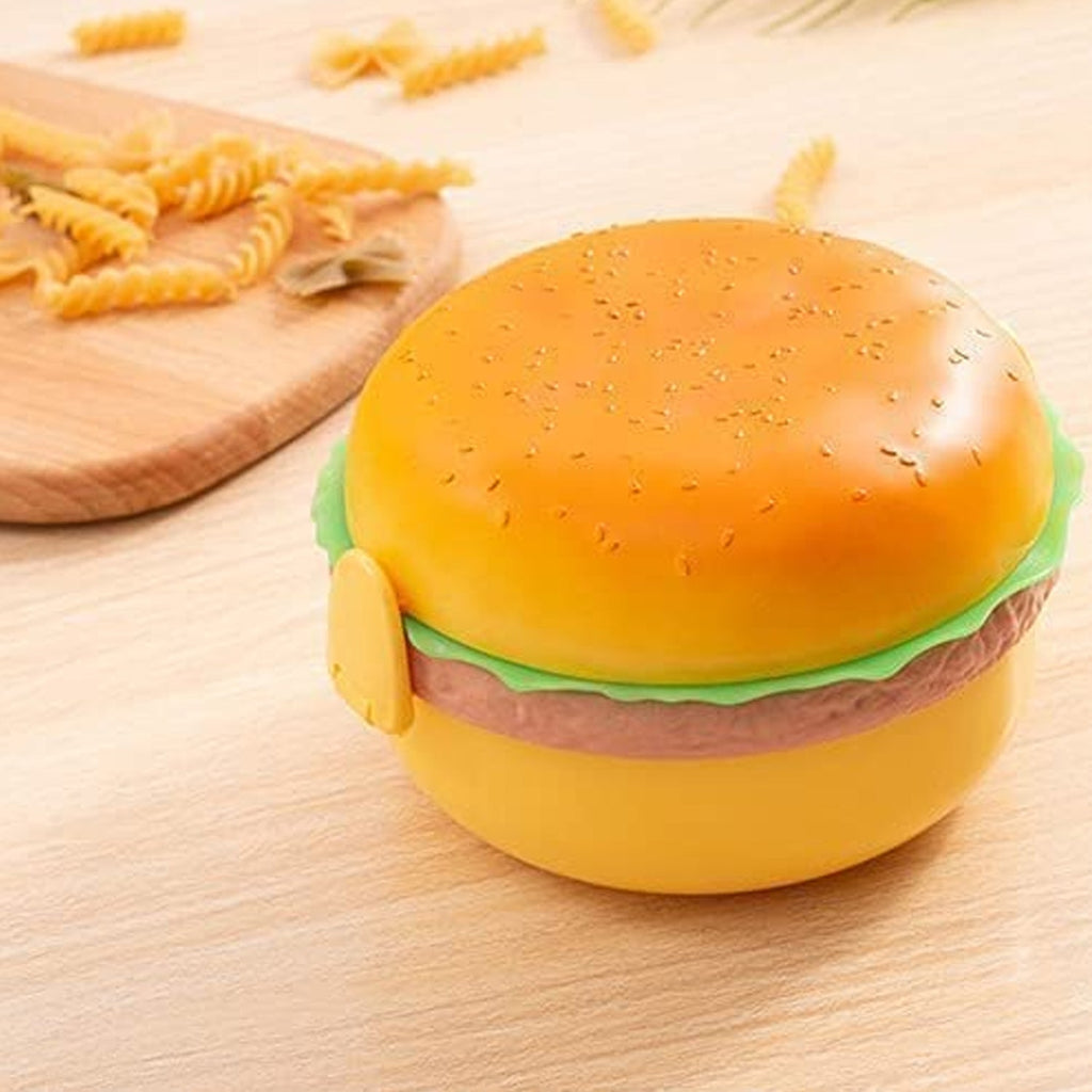 Stylish red and yellow burger lunch box on a clean background.
