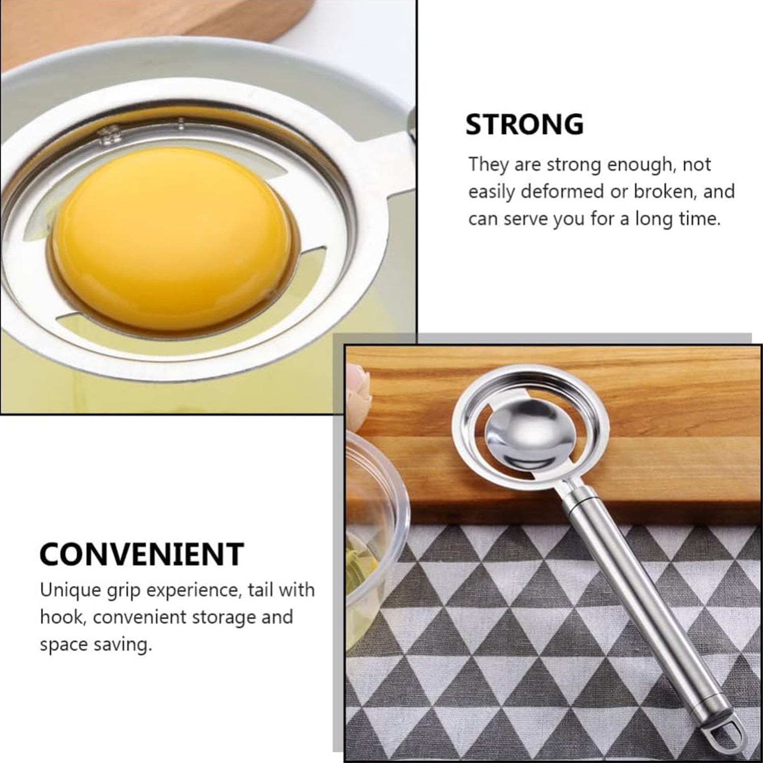 Kitchen egg separator in stainless steel, designed for easy yolk and white filtering.